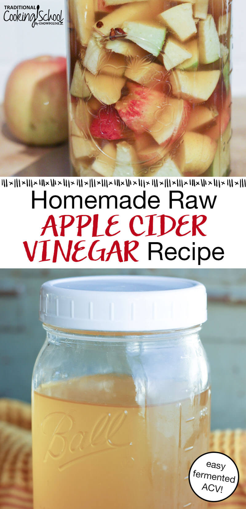 photo collage of glass jars filled with honey-colored liquid and apple chunks, with text overlay: "Homemade Raw Apple Cider Vinegar Recipe (easy fermented ACV!)"