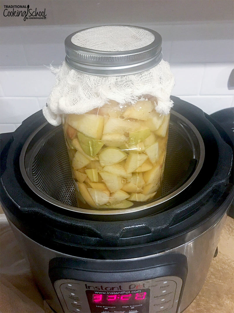 half gallon glass jar of fermenting apple chunks secured with cheesecloth and a metal band lid, sitting in a fine-mesh colander in the Instant Pot