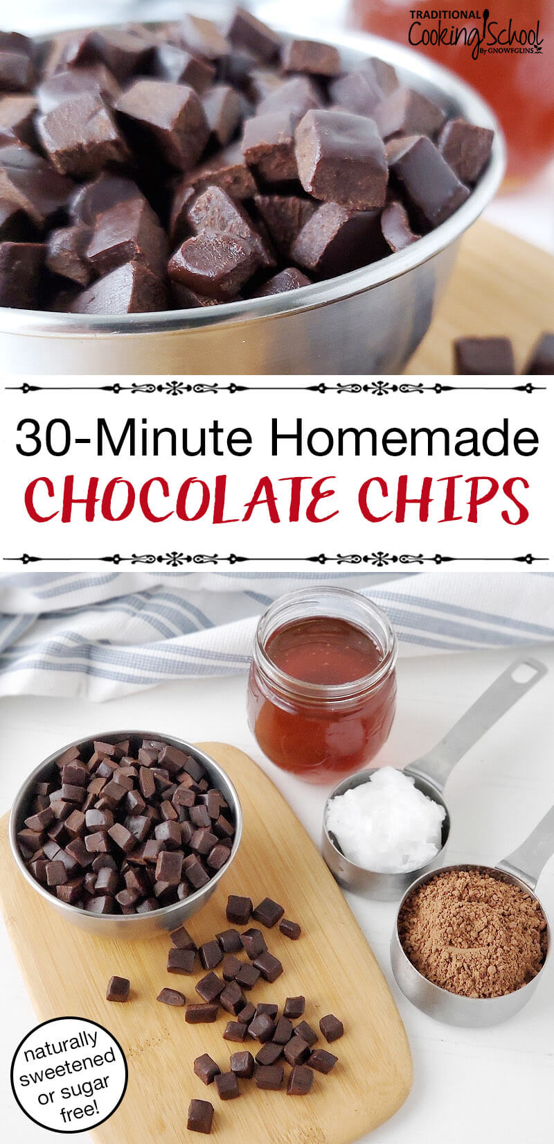 photo collage of making homemade chocolate, with text overlay: "30-Minute Homemade Chocolate Chips (naturally sweetened or sugar free!)"