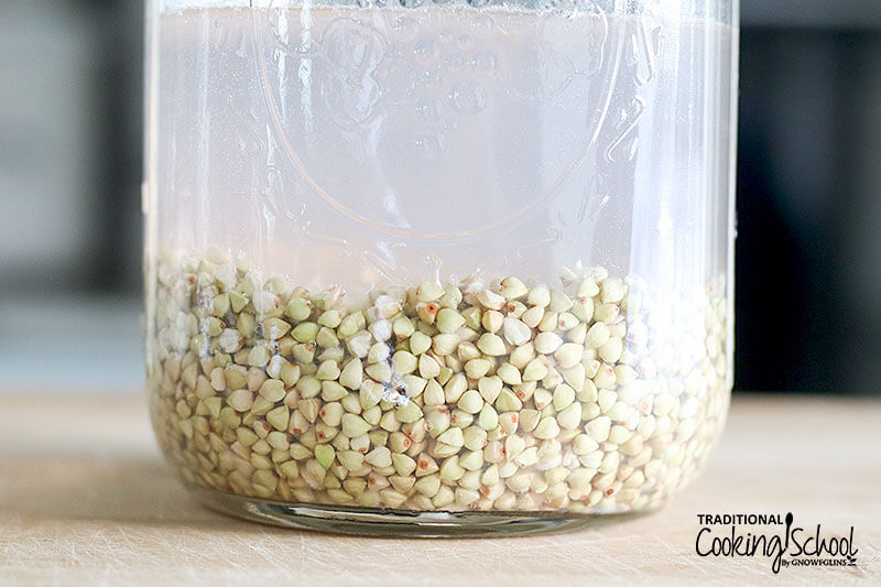 hulled buckwheat, light green in color, soaking in a glass jar with water to be used in future buckwheat recipes