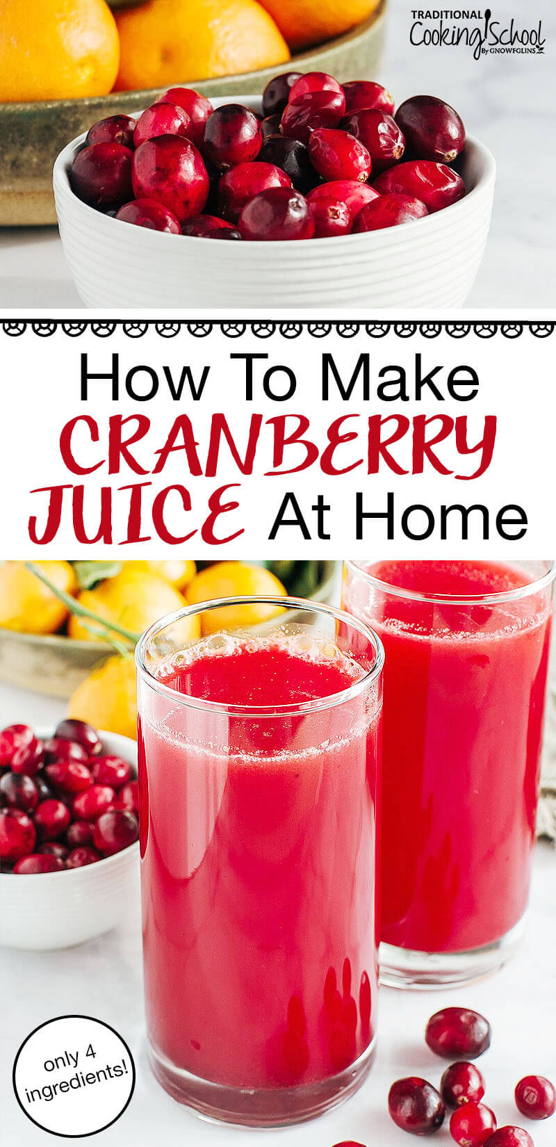 photo collage of fresh cranberries and homemade cranberry juice, with text overlay: "How To Make Cranberry Juice At Home (just 4 ingredients!)"
