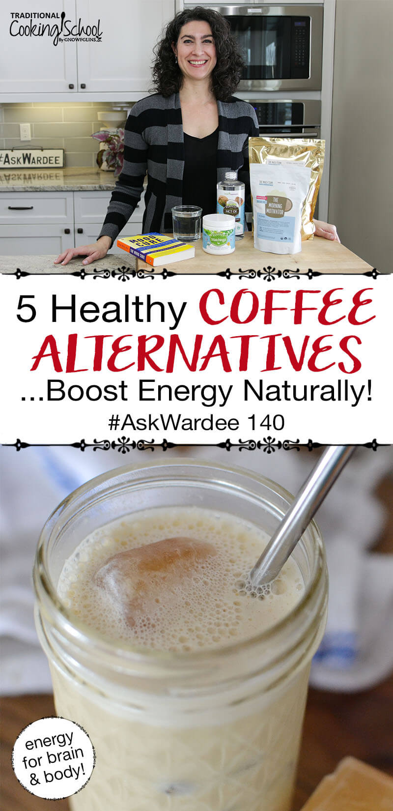 photo collage of smiling woman standing in a kitchen and a vanilla maca cooler, with text overlay: "5 Healthy Coffee Alternatives...Boost Energy Naturally! #AskWardee 140 (energy for brain & body!)"