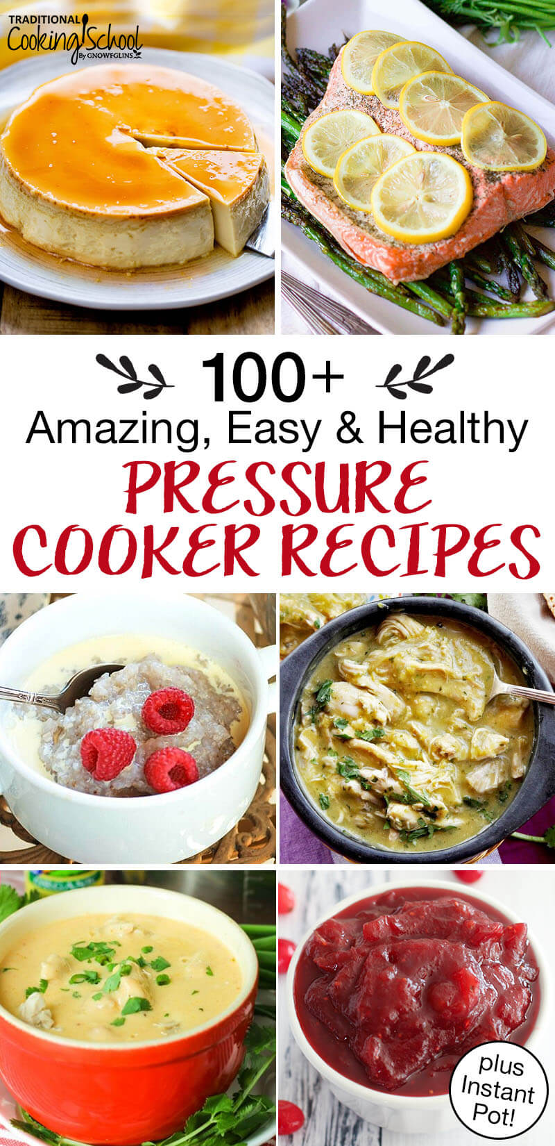 photo collage of lemon dill salmon, soup, cranberry sauce, buckwheat porridge, maple flan, and more, with text overlay: "100+ Amazing, Easy & Healthy Pressure Cooker Recipes (Instant Pot too!)"