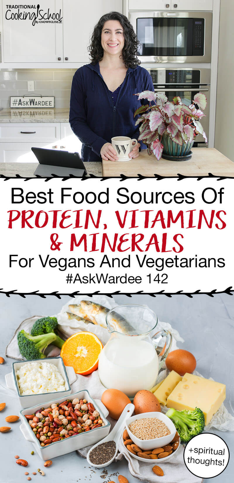 photo collage of a woman in a kitchen and an array of foods allowed on the vegetarian diet, including mostly plant-based with eggs and fish, with text overlay: "Best Food Sources Of Protein, Vitamins & Minerals For Vegans And Vegetarians #AskWardee 142"