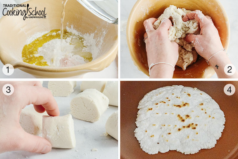 step-by-step photo collage of making grain-free tortillas with cassava flour