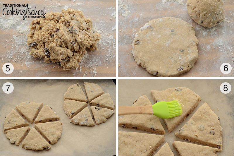photo collage of making traditional English scones, including rolling out the dough and cutting it into wedges