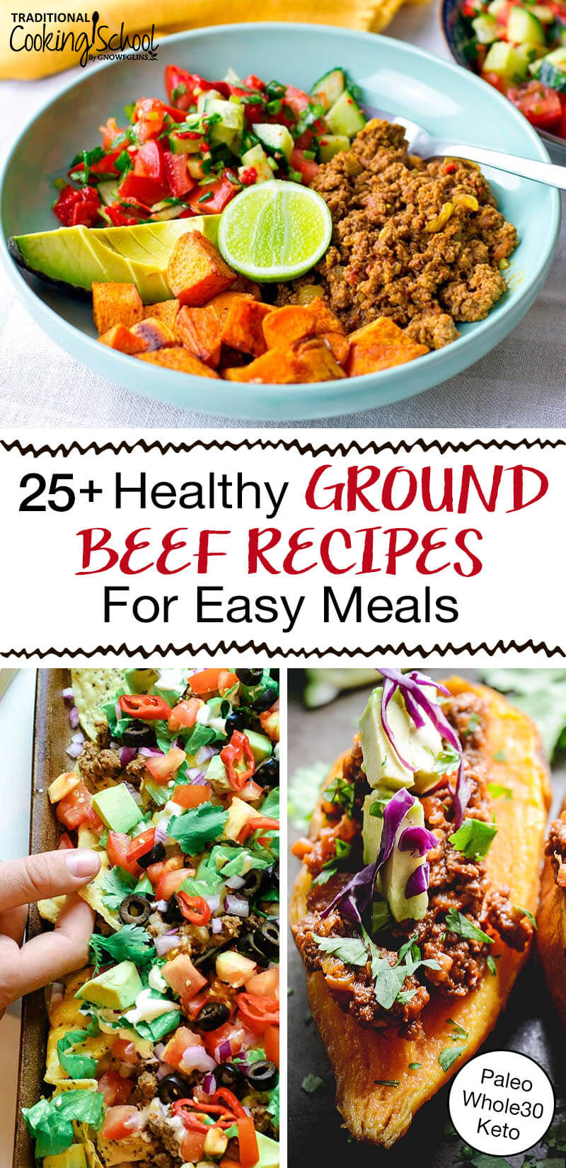 photo collage of delicious main dishes including nachos with text overlay: "25+ Healthy Ground Beef Recipes For Easy Meals (Paleo Whole30 Keto)"
