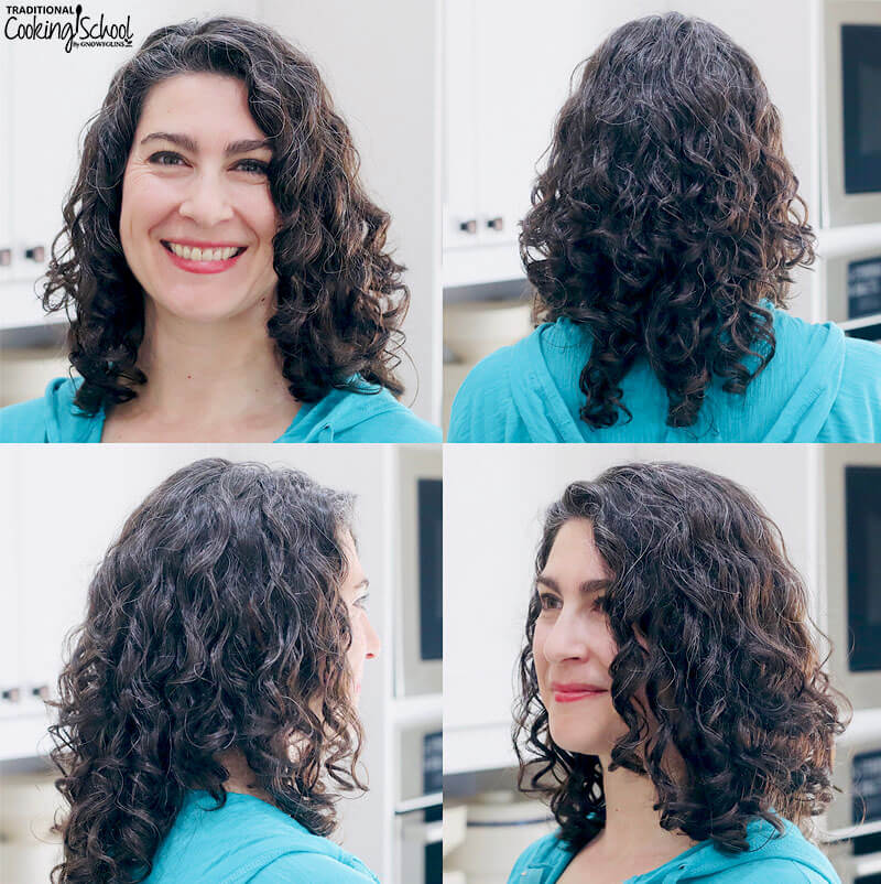 photo collage of smiling brunette woman with dark curly hair