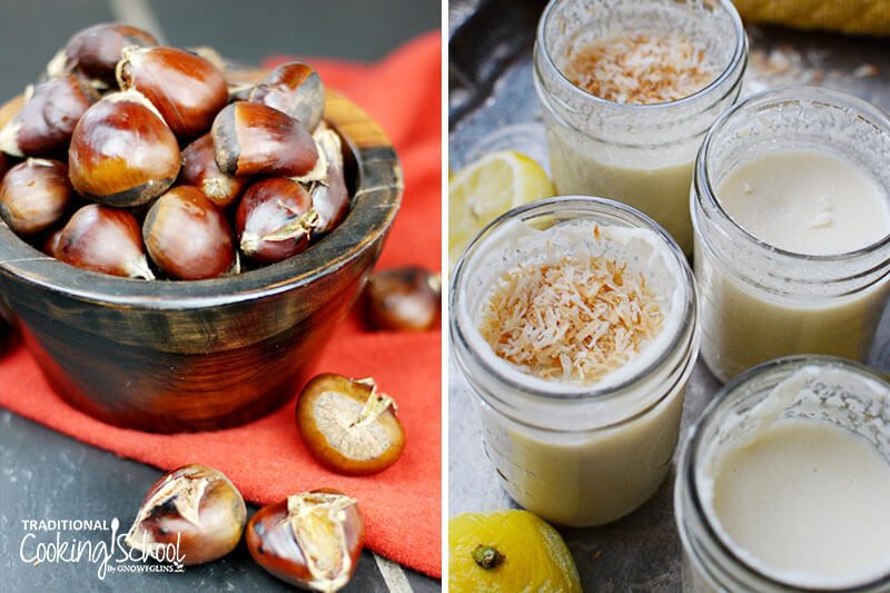 photo collage of lemon pudding cups and roasted chestnuts