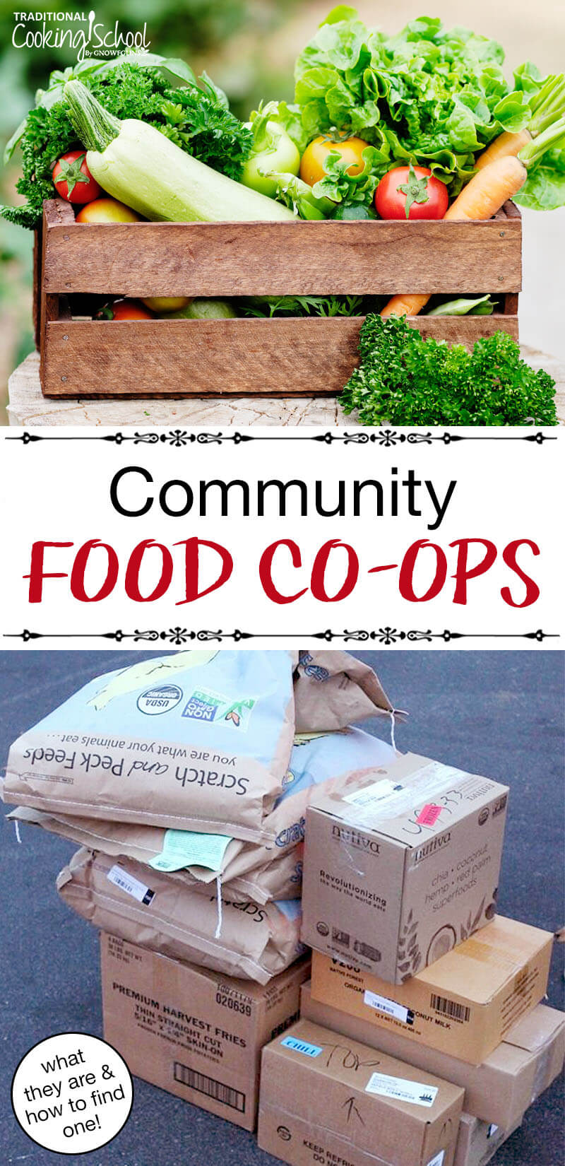 photo collage of bulk food and produce, with text overlay: "Community Food Co-Ops (what they are & how to find one!)"