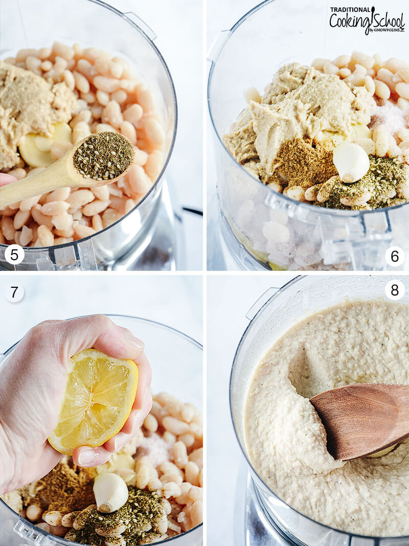 photo collage of adding different spices and ingredients to hummus in a food processor