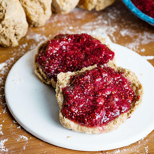 Sprouted spelt biscuits topped with mixed berry chia seed jam