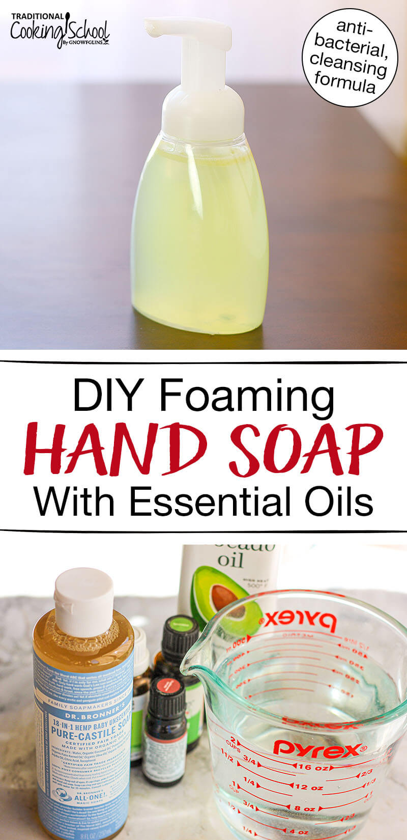 photo collage of ingredients and pump dispenser for making hand soap, with text overlay: "DIY Foaming Hand Soap With Essential Oils (antibacterial, cleansing formula!)"