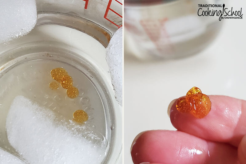 checking whether the honey has been boiled enough to make candy by placing it in cold water