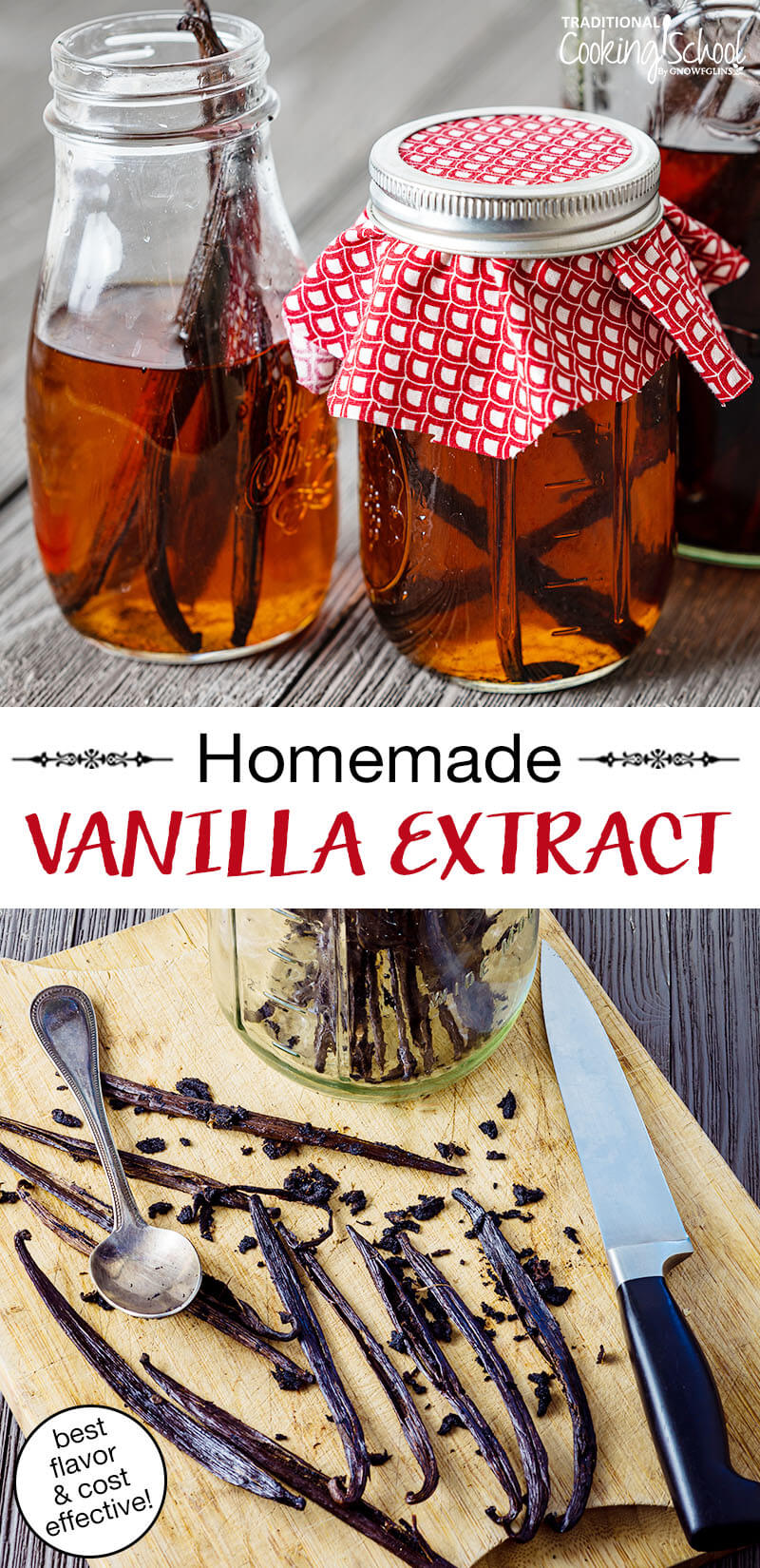 photo collage of combining vodka and vanilla beans in assorted small jars with text overlay: "Homemade Vanilla Extract (best flavor & cost effective!)"