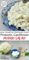photo collage of making fauxtato salad, with text overlay: "Probiotic Cauliflower Potato Salad (low carb, THM:S & egg-free!)"