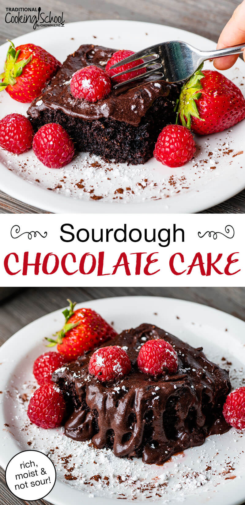 photo collage of a white plate with a piece of chocolate frosted chocolate cake topped with fresh raspberries and strawberries. Text overlay says, "Sourdough Chocolate Cake: rich, moist & not sour!"