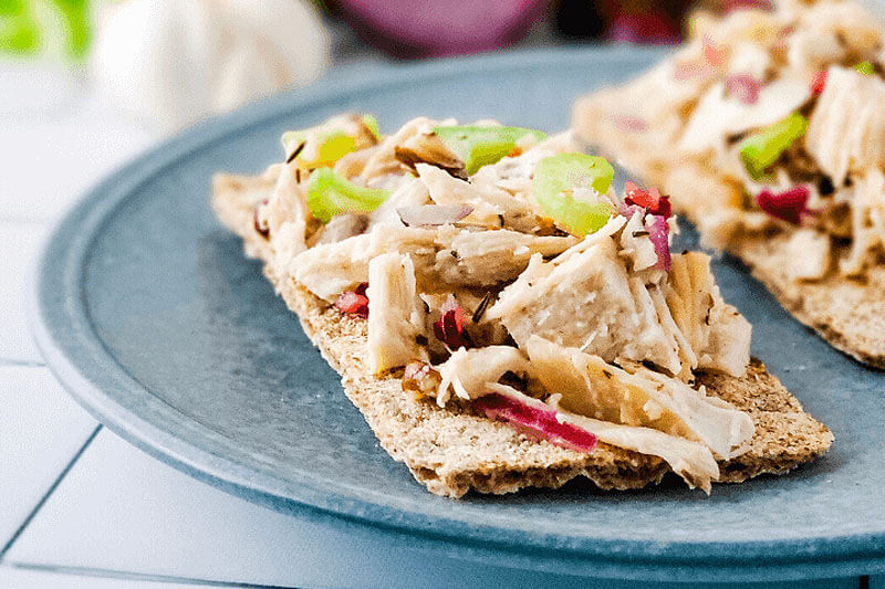 low carb turkey salad on a rye cracker