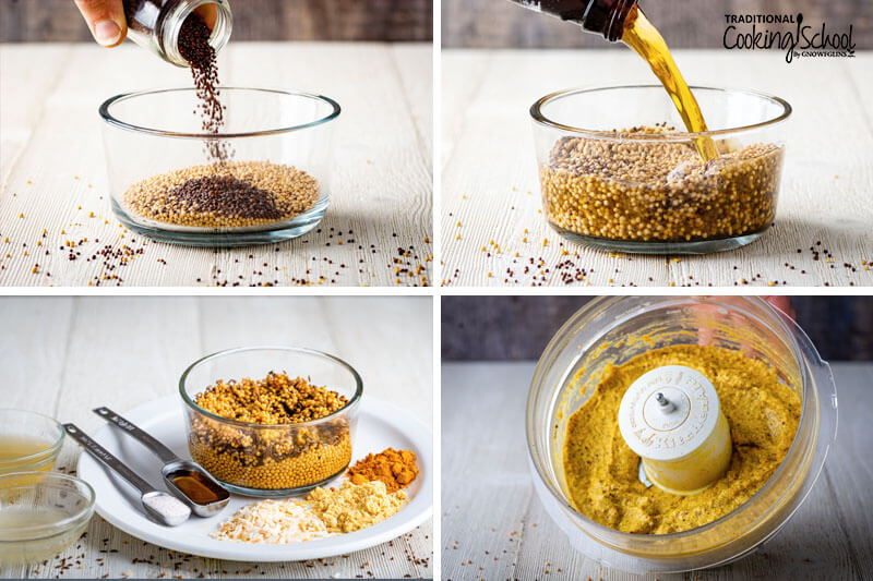 Four image collage of recipe steps for homemade mustard.