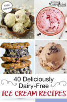 photo collage of Almond Joy ice cream, chocoltae ice cream, ice cream cookies, and more. Text overlay: "40 Deliciously Dairy-Free Ice Cream Recipes (THM options!)"