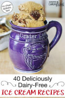 gingerbread ice cream in a purple mug with text overlay: "40 Deliciously Dairy-Free Ice Cream Recipes (no churn options, too!)"
