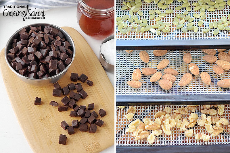 photo collage: left photo is of a bowl of homemade chocolate chips, right photo is of nuts and seeds on dehydrator trays