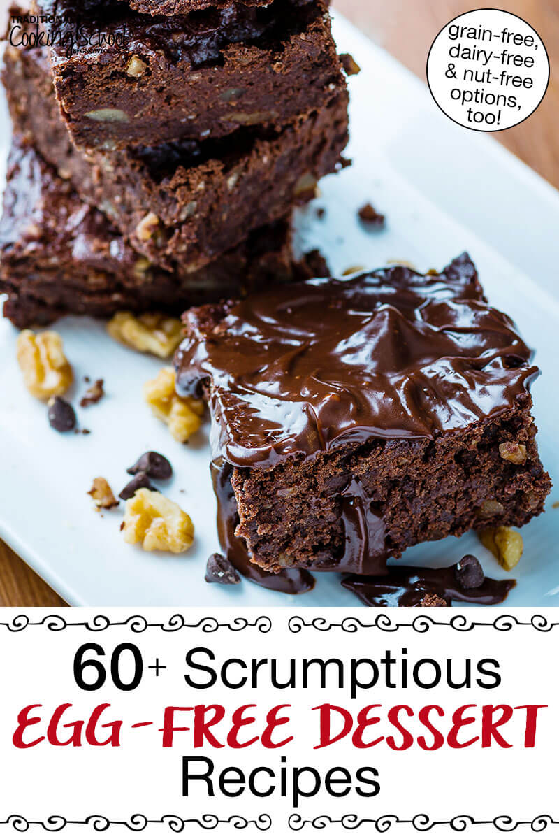 slice of chocolate walnut cake slathered with chocolate frosting. Text overlay says: "60+ Scrumptious Egg-Free Dessert Recipes (grain-free, dairy-free, & nut-free options too!)"