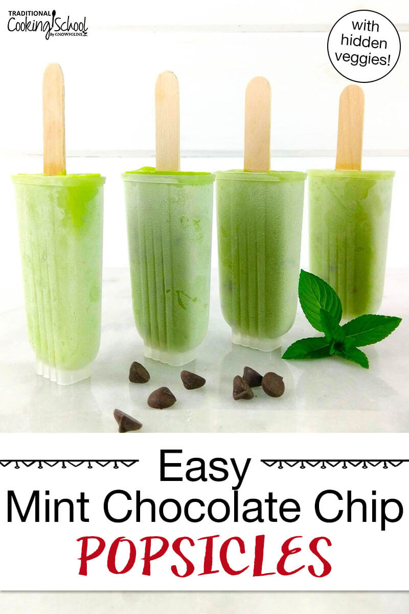 bright green popsicles still in their molds with text overlay: "Easy Mint Chocolate Chip Popsicles (with hidden veggies!)"