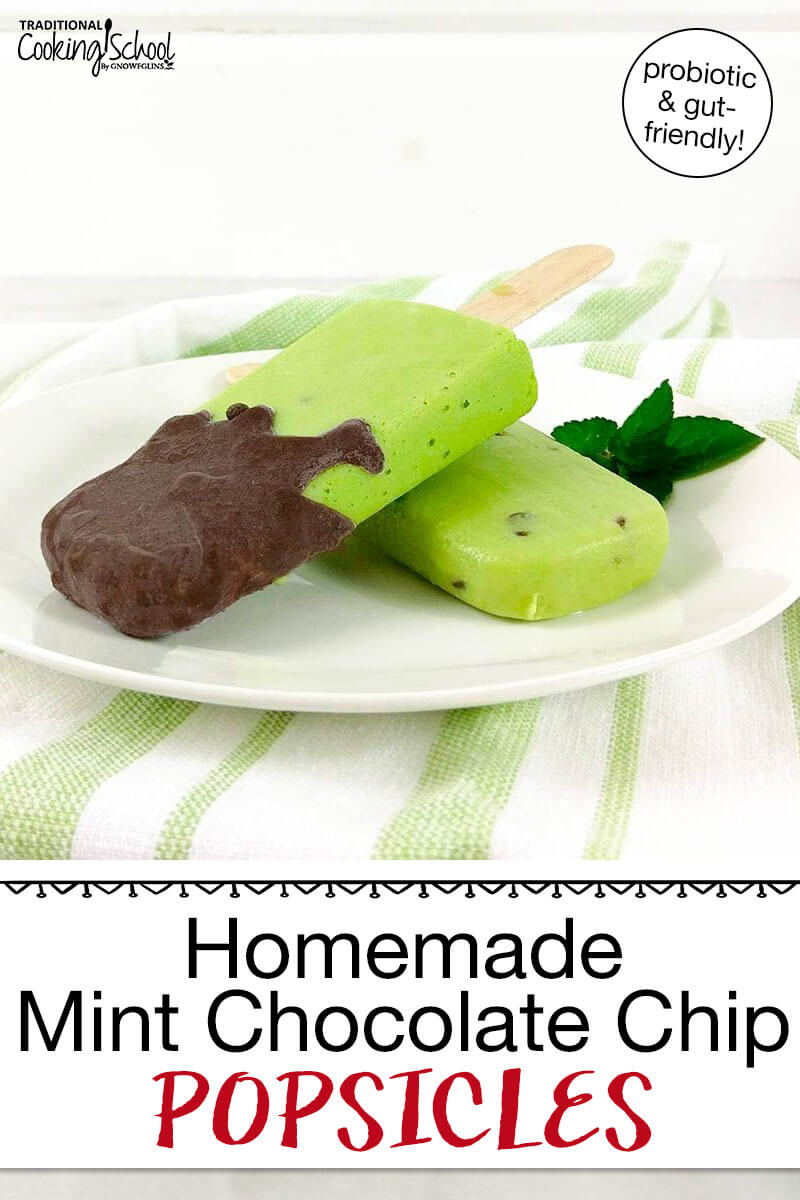 two bright green popsicles dipped in chocolate on a plate with text overlay: "Homemade Mint Chocolate Chip Popsicles (dairy-free option!)"