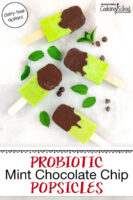 bright green popsicles dipped in chocolate with text overlay: "Probiotic Mint Chocolate Chip Popsicles (dairy-free option!)"