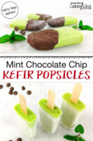 photo collage of bright green popsicles, some dipped in chocolate, some still in their molds, with text overlay: "Mint Chocolate Chip Kefir Popsicles (dairy-free option!)"