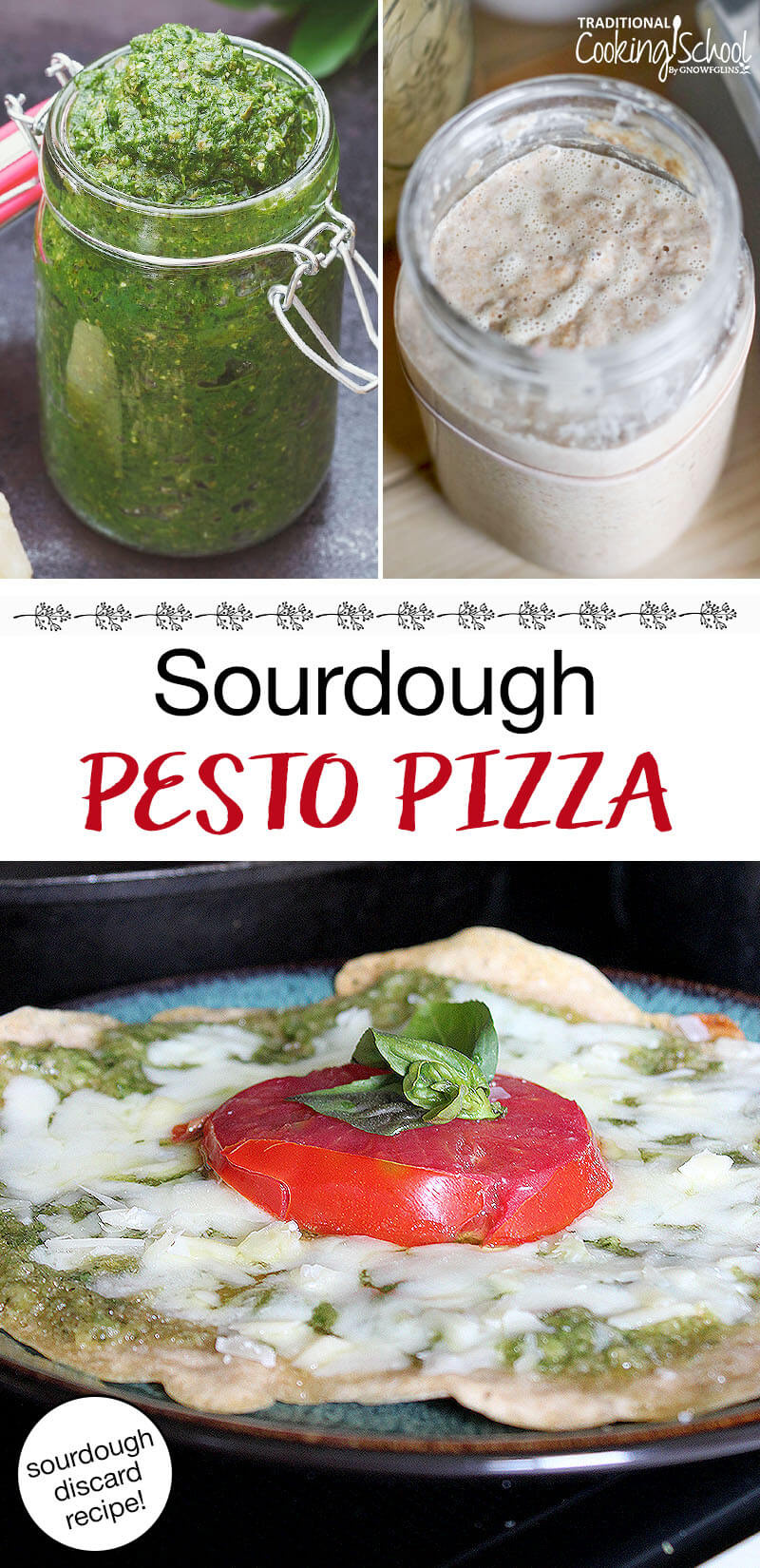 photo collage of pesto, sourdough starter, and cheesy, herbed pizza on a plate. Text overlay says: "Sourdough Pesto Pizza (sourdough discard recipe!)"