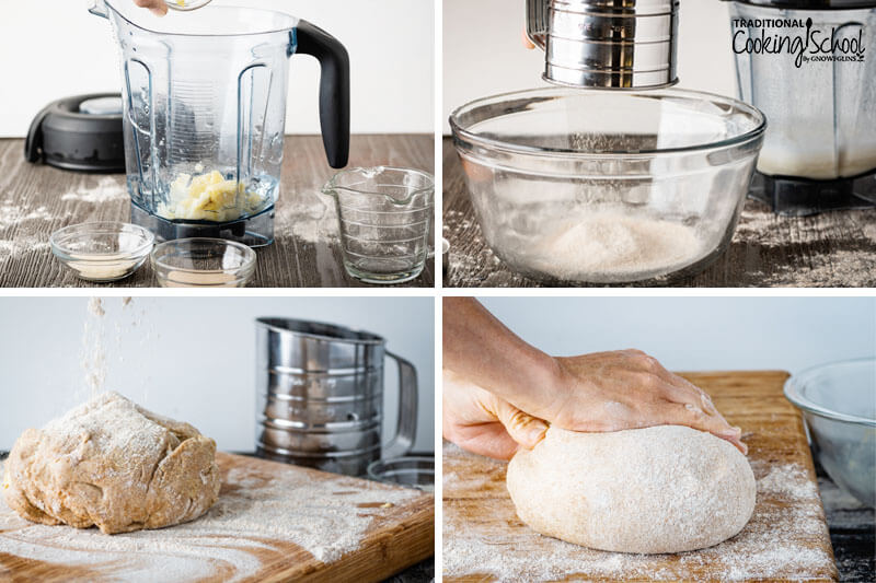 4 images of steps for making homemade sourdough pretzels.