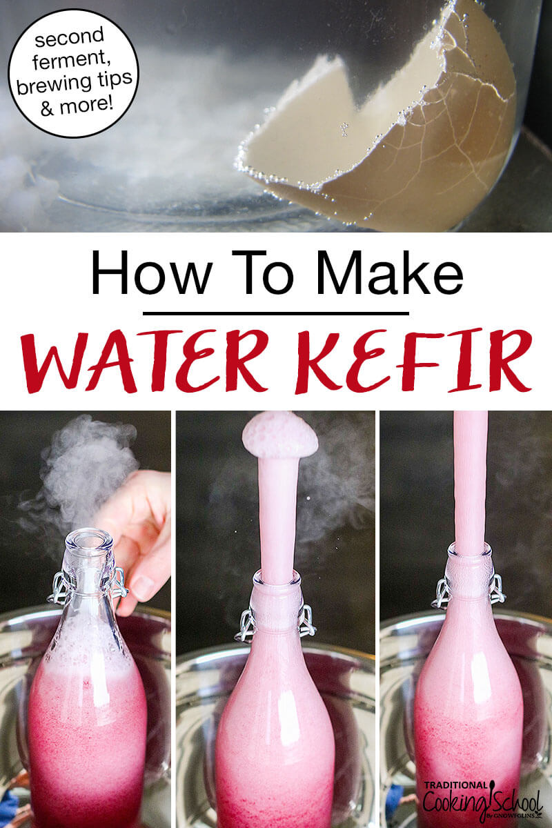 photo collage of exploding water kefir, and an eggshell suspended in first ferment kefir. Text overlay says: "How To Make Water Kefir (second ferment, brewing tips & more!)"