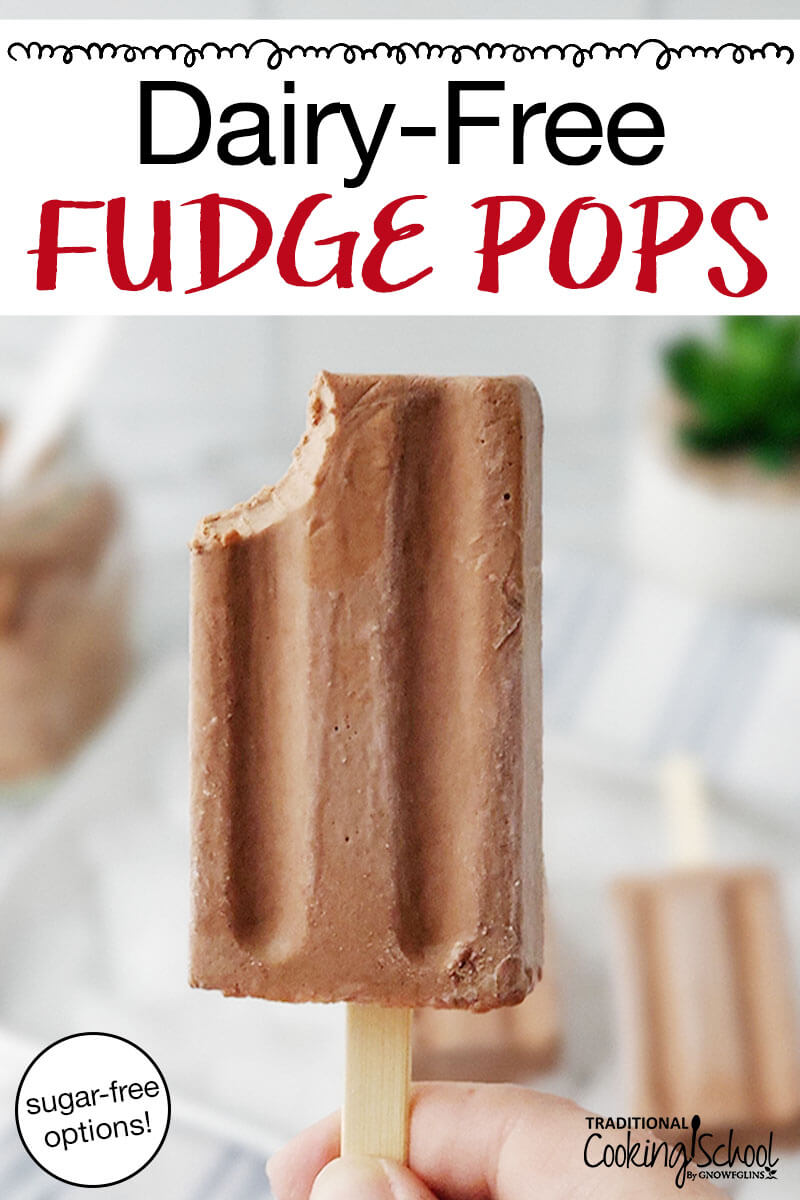 hand holding up a chocolate popsicle with a bite taken out of it. Text overlay says: "Dairy-Free Fudge Pops (sugar-free options!)"