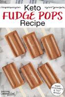 chocolate popsicles arranged on an tray of ice cubes. Text overlay says: "Keto Fudge Pops Recipe (super chocolate-y and *not* drippy!)"