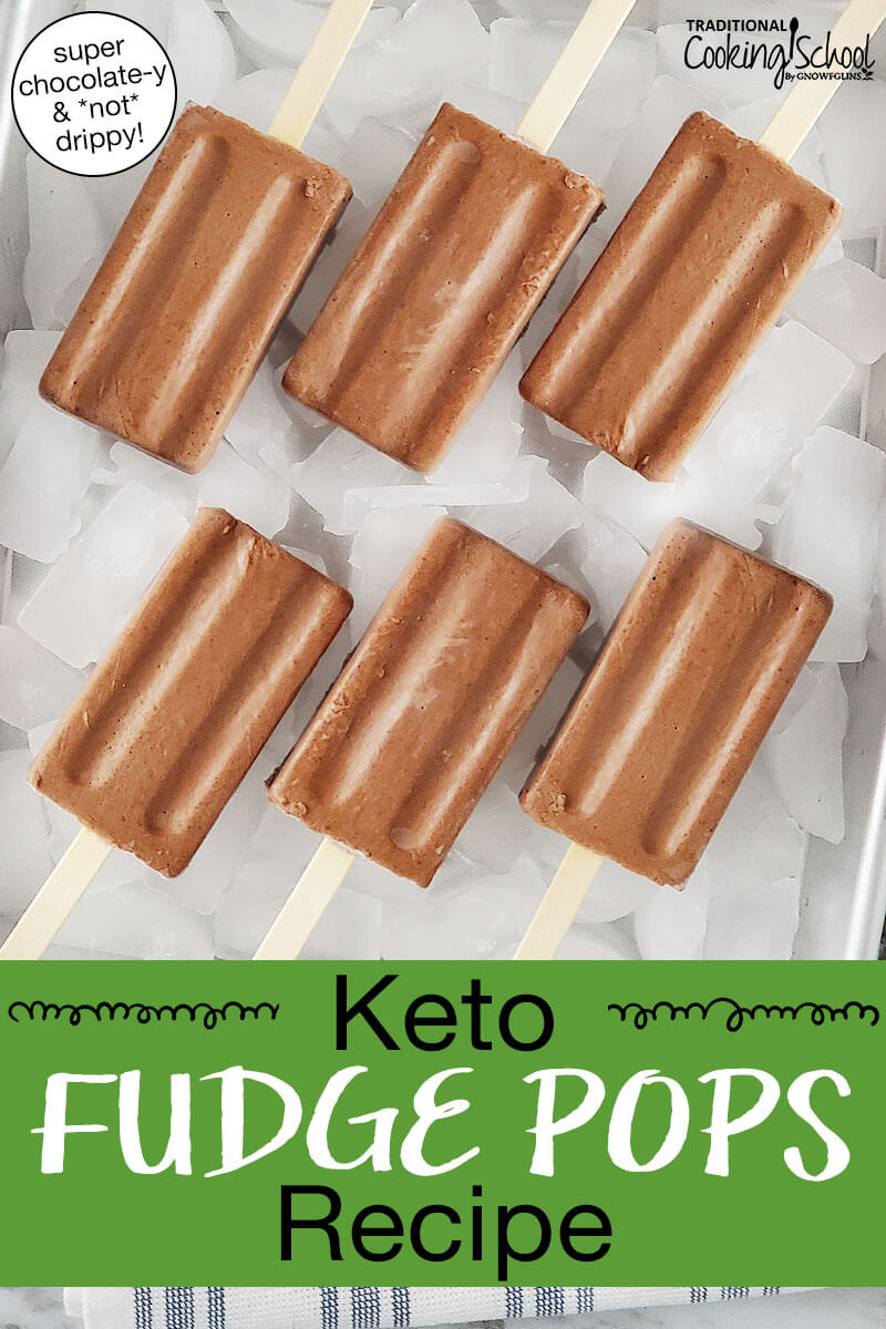 chocolate popsicles arranged on an tray of ice cubes. Text overlay says: "Keto Fudge Pops Recipe (super chocolate-y and *not* drippy!)"