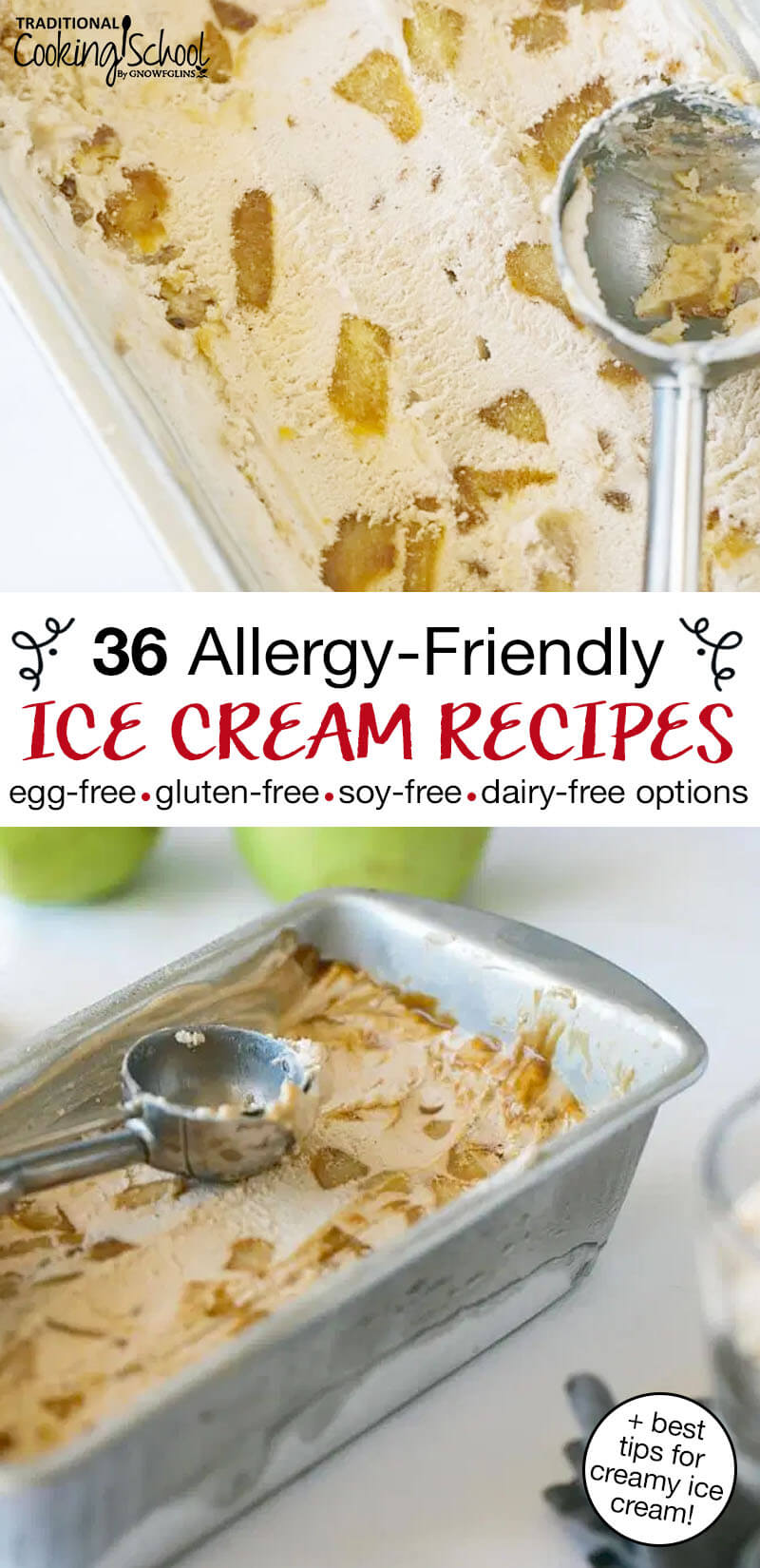 photo collage of brightly colored bowls of ice cream, with text overlay: "36 Allergy-Friendly Ice Cream Recipes (egg-free, gluten-free, soy-free, dairy-free options) (+best tips for creamy ice cream!)"