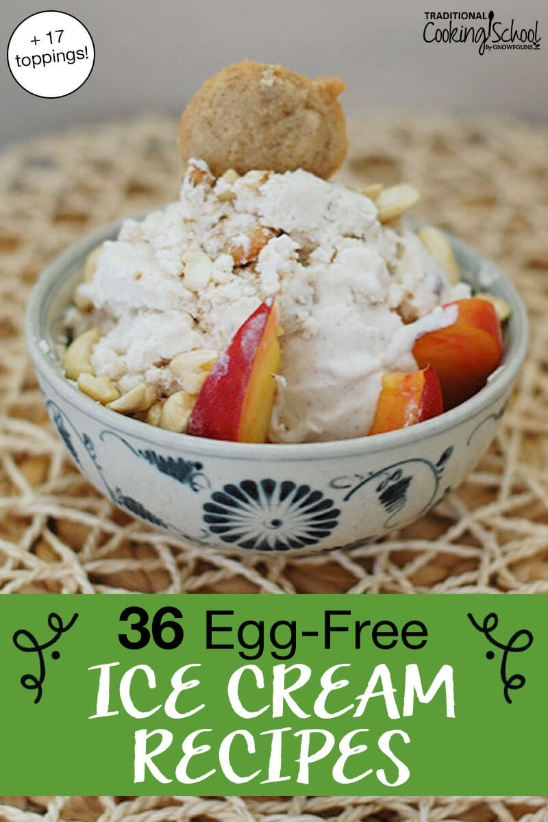 bowl of peach ice cream, with text overlay: "36 Egg-Free Ice Cream Recipes (+17 toppings!)"