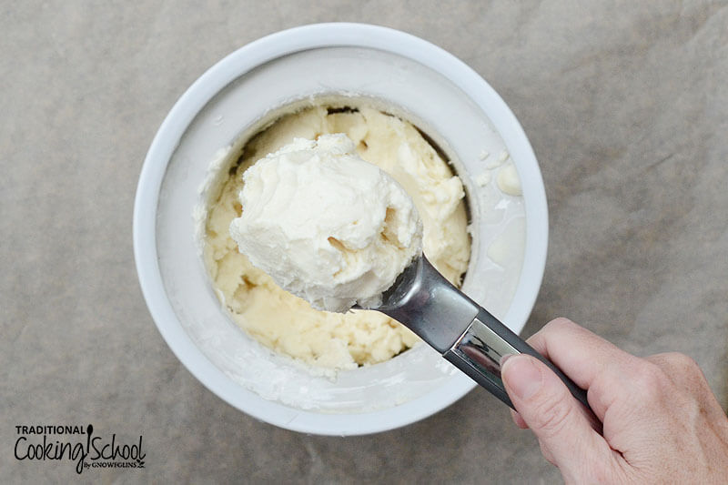 woman's hand holding up a scoop of freshly churned vanilla ice cream with the ice cream maker in the background