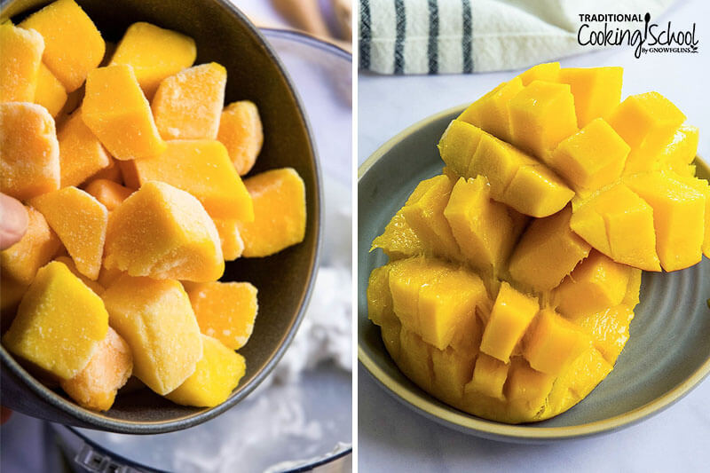 photo collage showing frozen mango chunks on the left, and fresh mango chunks on the right