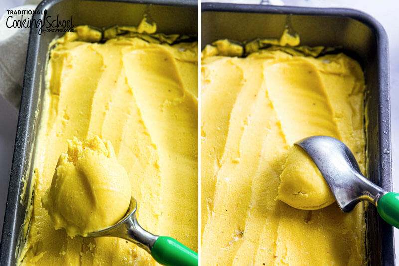 photo collage of an ice cream scoop dishing up bright yellow-colored ice cream out of a loaf pan