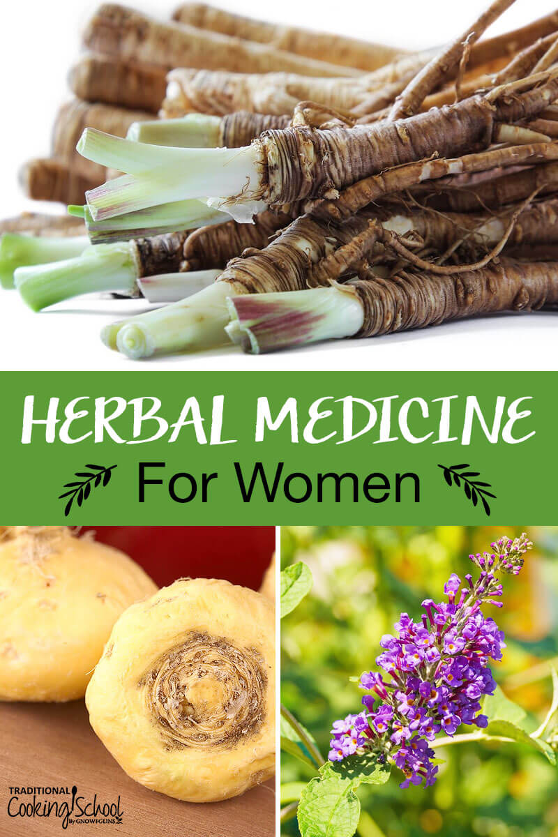 Photo collage of herbs, including dong quai, maca root, and vitex. Text overlay says: "Herbal Medicine For Women"