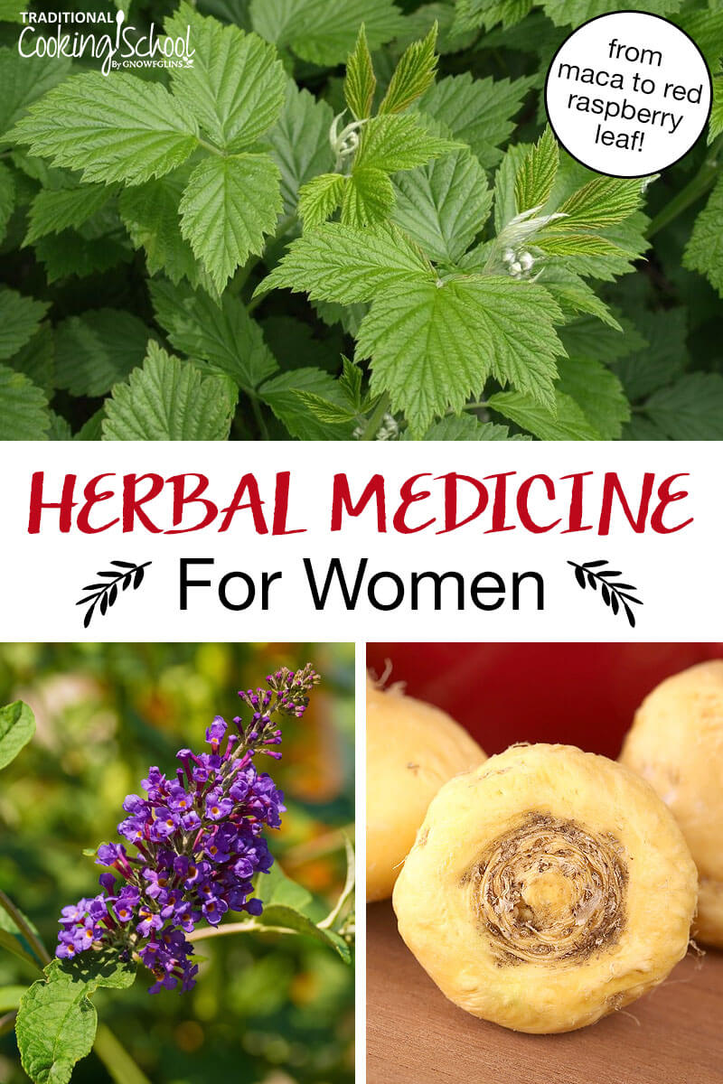 Photo collage of herbs, including maca root, red raspberry leaf, and vitex. Text overlay says: "Herbal Medicine For Women (from maca to red raspberry leaf!)"