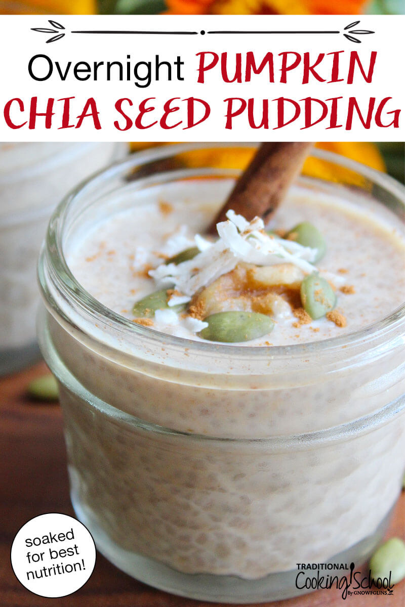 1/2 pint jar of chia seed pudding, topped with a cinnamon stick, sprinkle of cinnamon, shredded coconut, and pumpkin seeds. Text overlay says: "Overnight Pumpkin Chia Seed Pudding (soaked for best nutrition!)"
