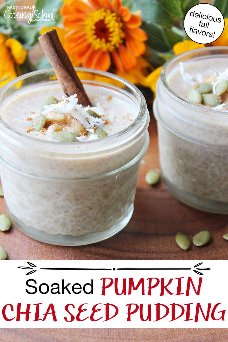 1/2 pint jars of chia seed pudding, topped with a cinnamon stick, sprinkle of cinnamon, shredded coconut, and pumpkin seeds. Text overlay says: "Soaked Pumpkin Chia Seed Pudding (delicious fall flavors!)"