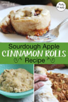 Photo collage of cinnamon roll dough in a bowl, someone's hand rolling up the dough with toppings, and a finished cinnamon roll on a plate with a fork. Text overlay says: "Sourdough Apple Cinnamon Rolls Recipe (fluffy & soft!)"