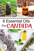 Photo collage of various small bottles of essential oils. Text overlay says: "6 Essential Oils For Candida (with safety & dosage info!)"