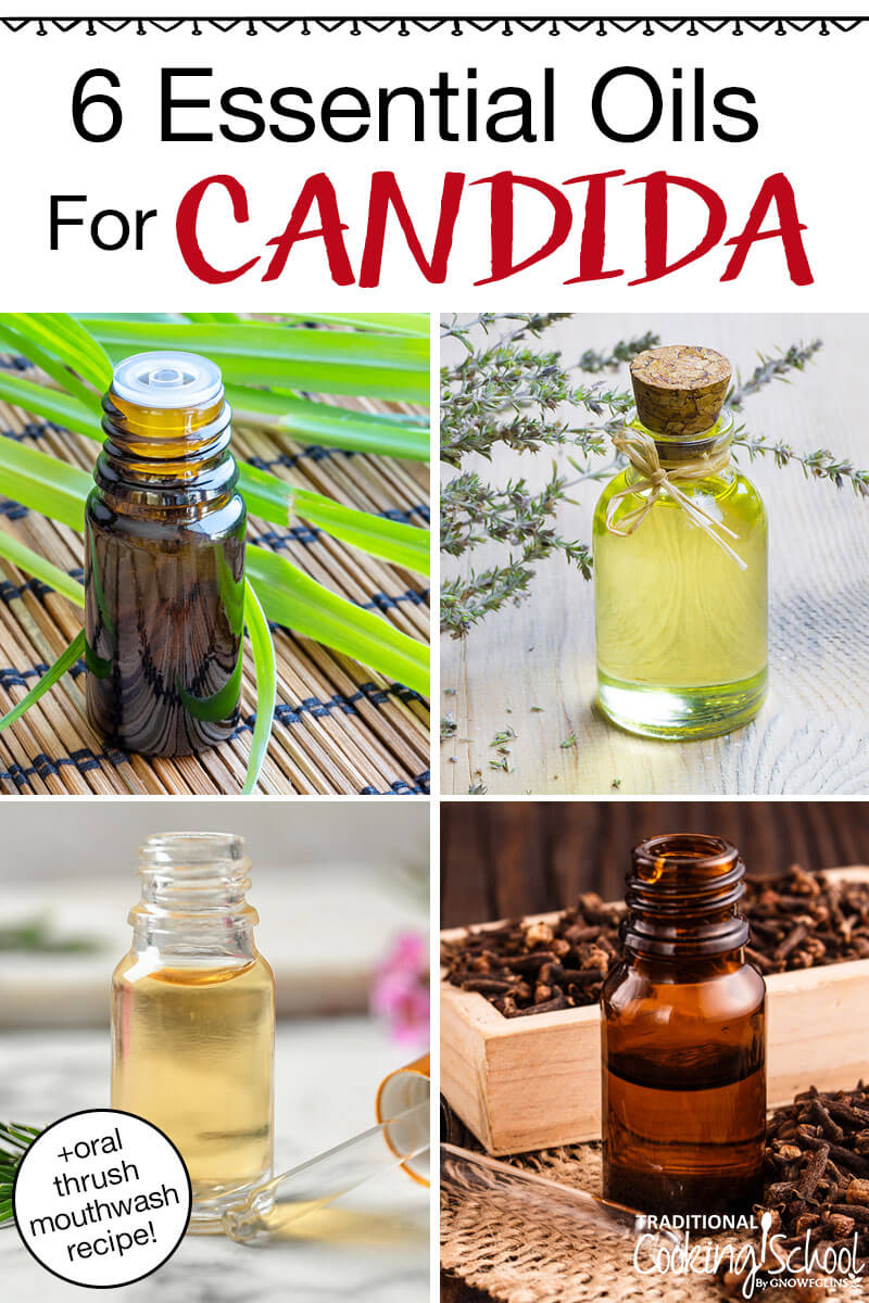 Photo collage of various small bottles of essential oils. Text overlay says: "6 Essential Oils For Candida (+oral thrush mouthwash recipe!)"