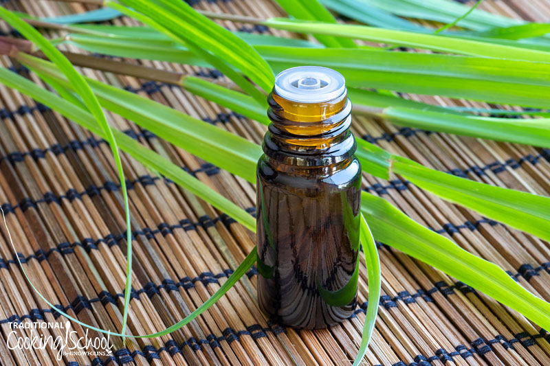 Lemongrass essential oil in a small bottle.